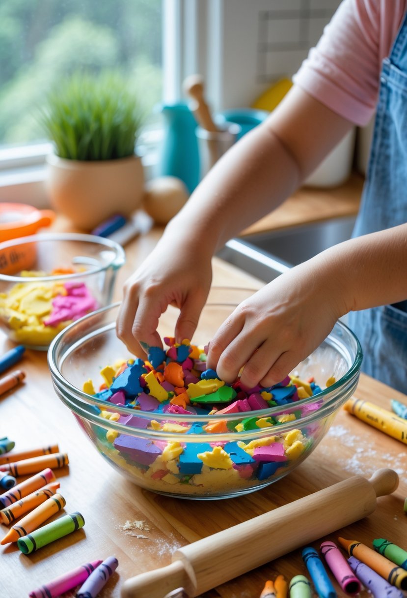 Hands mixing broken crayons with dough ingredients in a glass bowl on a wooden countertop surrounded by craft supplies.