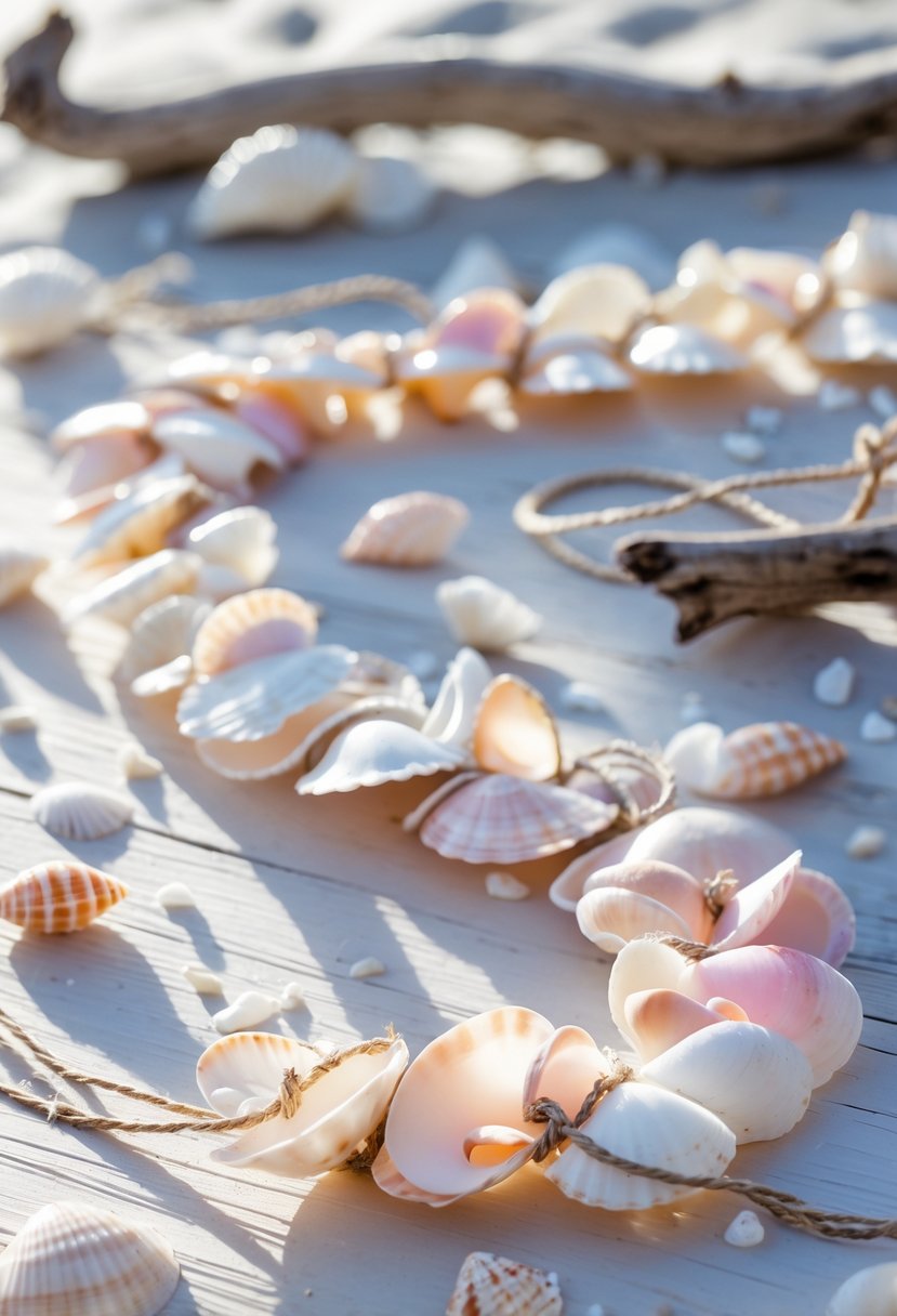 Close-up of broken seashell garlands arranged on a wooden surface with scattered shells and beach elements.