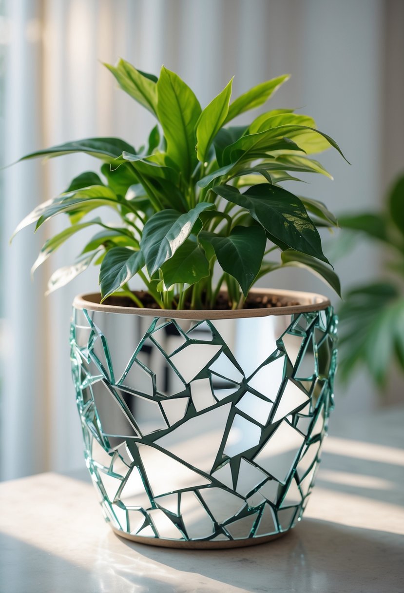 A plant pot decorated with broken mirror tiles holding a green plant on a neutral surface.