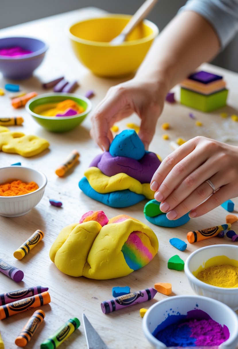Hands shaping colorful salt dough sculptures with broken crayons and crafting tools on a wooden table.