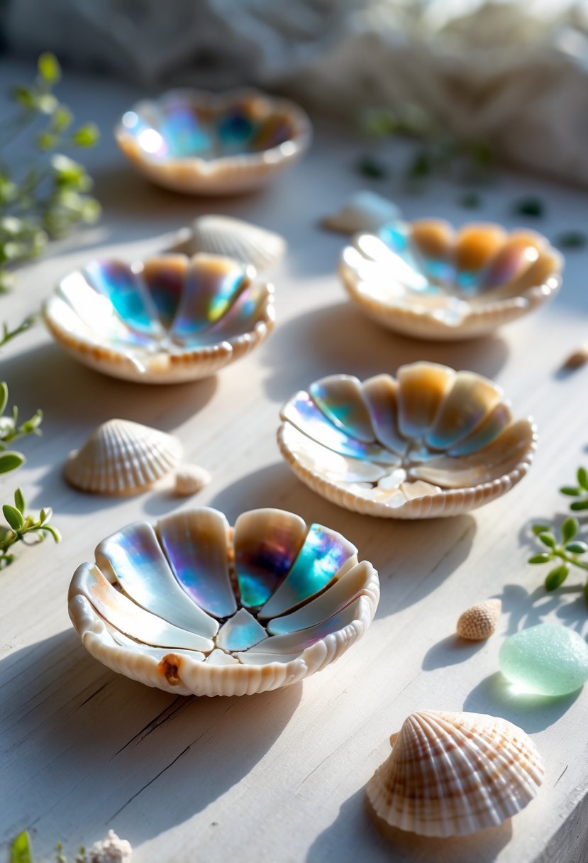 A collection of small trinket dishes made from broken seashells arranged on a wooden surface with decorative sea glass and plants around them.