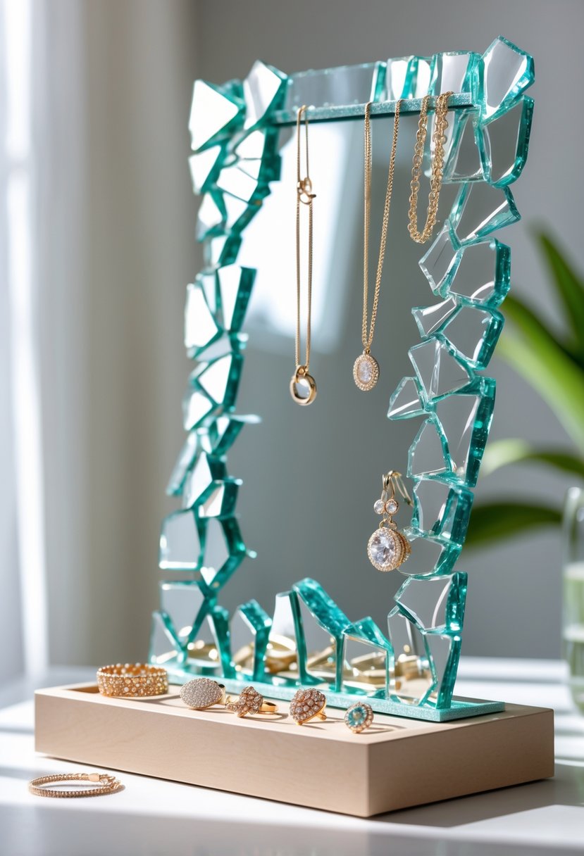 A broken mirror jewelry holder with rings, necklaces, and earrings displayed on reflective mirror shards arranged on a wooden base.