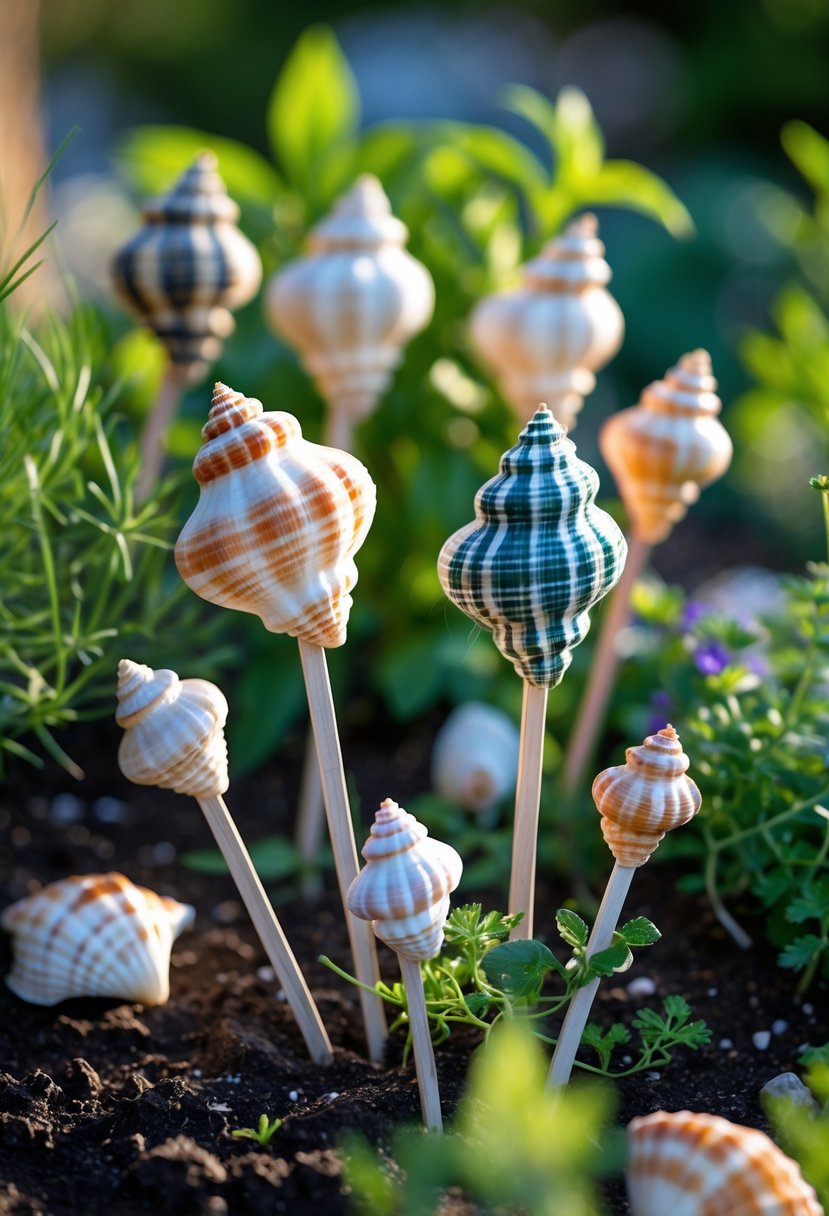 A garden with small wooden stakes holding colorful broken seashells used as markers among green plants and soil.