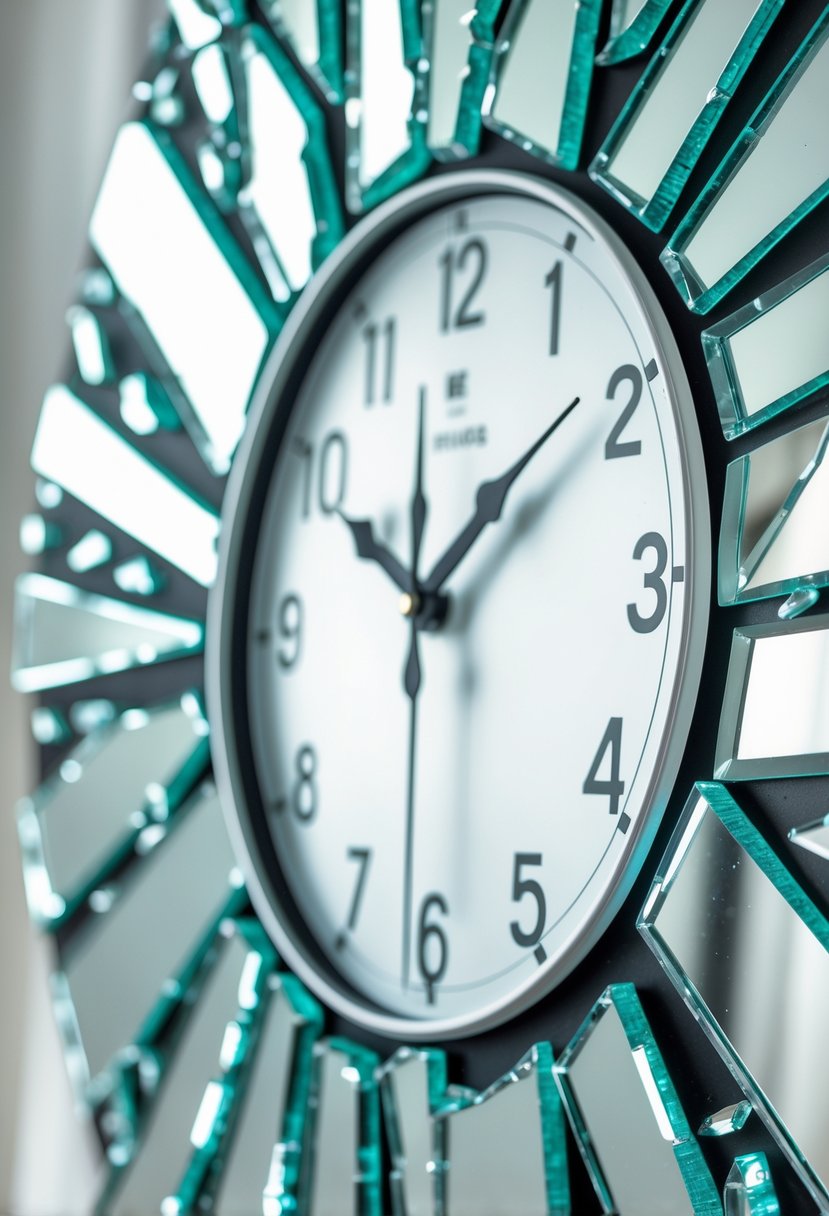 Close-up of a clock made with broken mirror pieces arranged around the clock face.