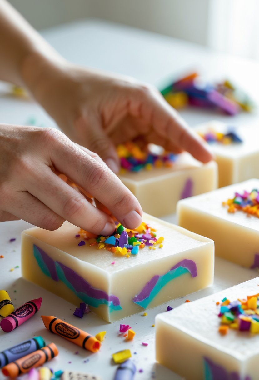 Hands decorating homemade soap bars with colorful broken crayon bits on a white surface.