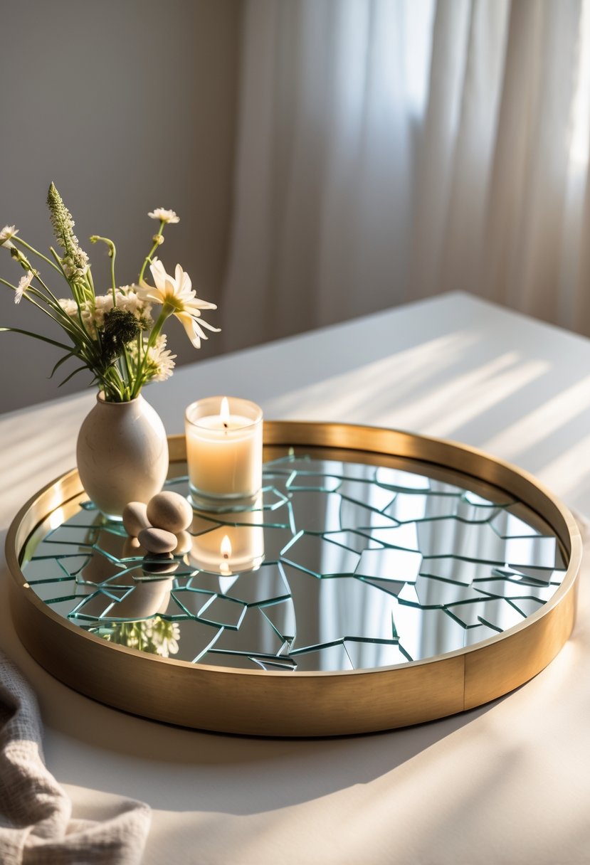 An upcycled mirror tray made from broken mirror pieces arranged on a table with a small vase of flowers and a candle.