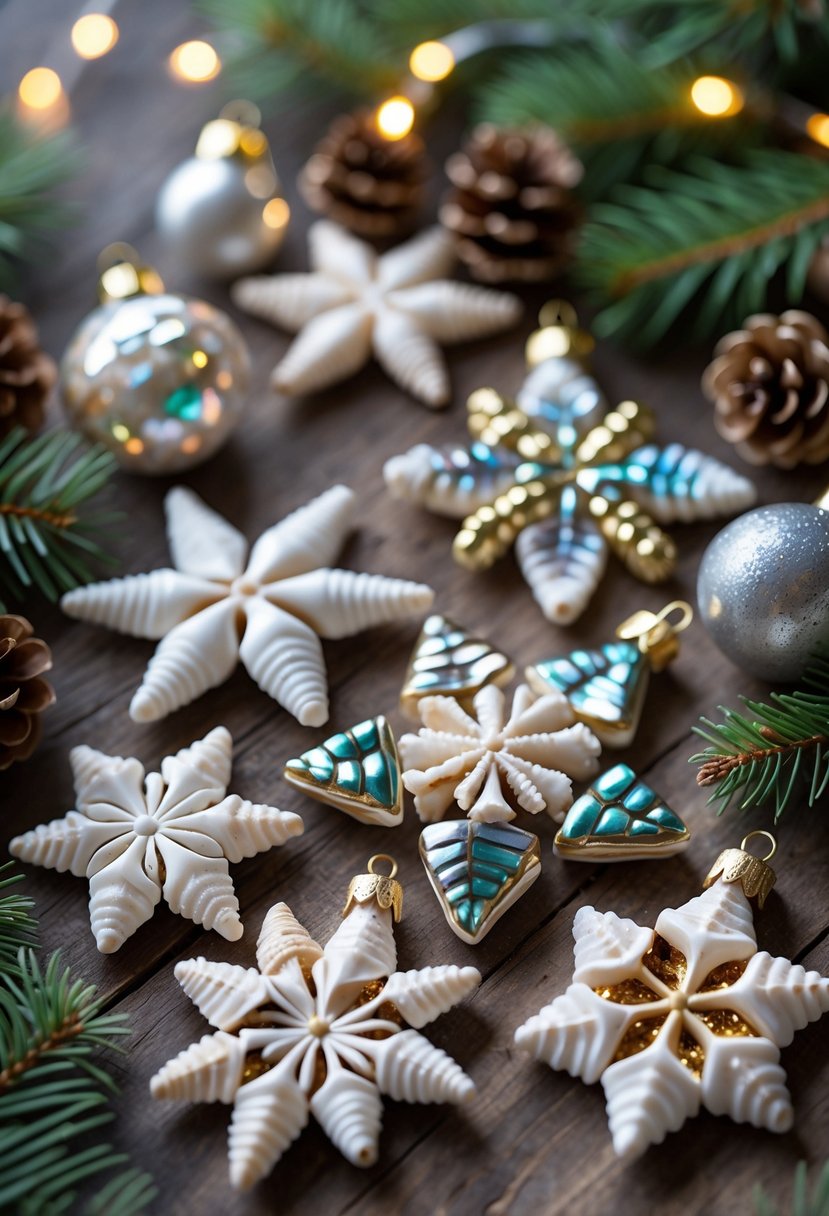 A collection of Christmas ornaments made from broken seashells arranged on a wooden surface with pine needles and pine cones around them.