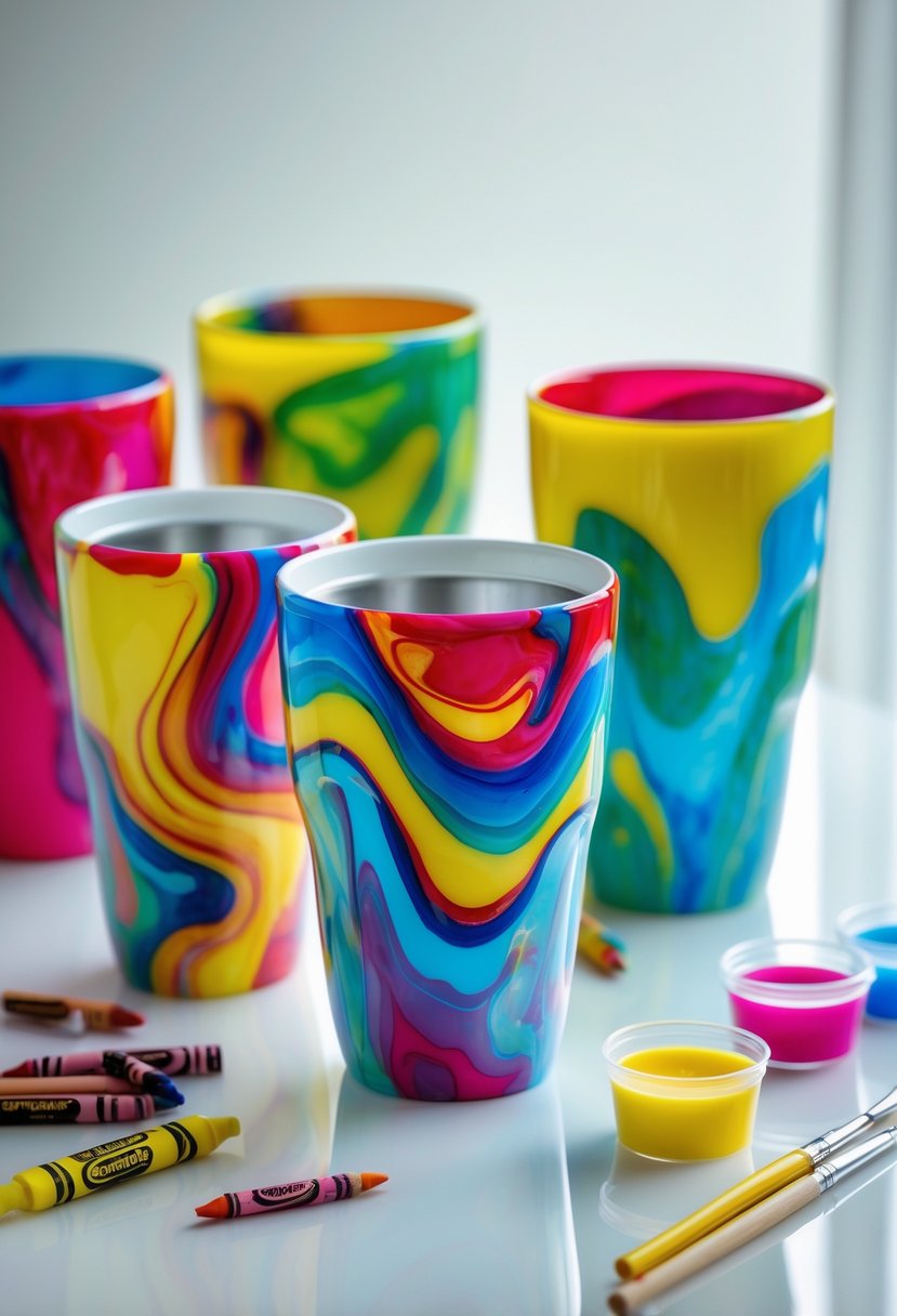 Several colorful tumbler cups decorated with melted crayon designs and a glossy finish, displayed on a table with art supplies nearby.