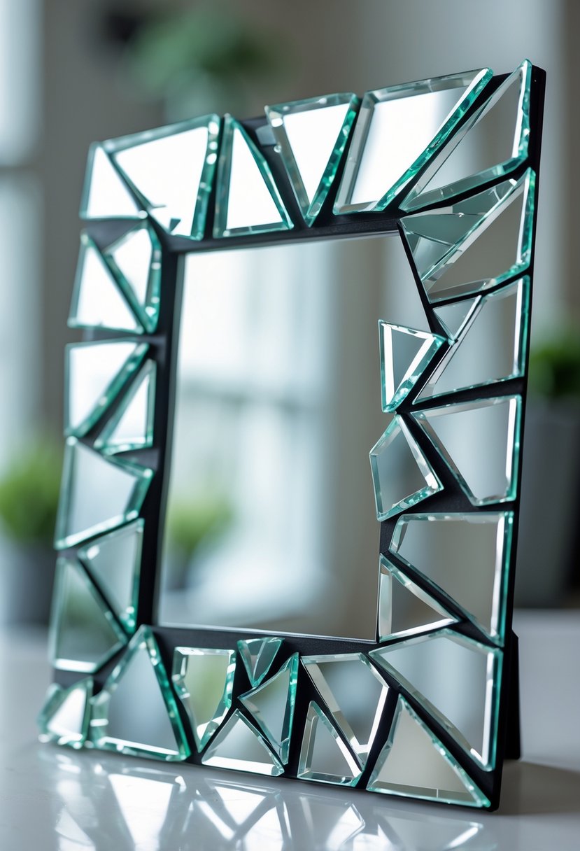 A photo frame made from broken mirror pieces arranged around a central photo area, with reflective glass shards creating a textured pattern.