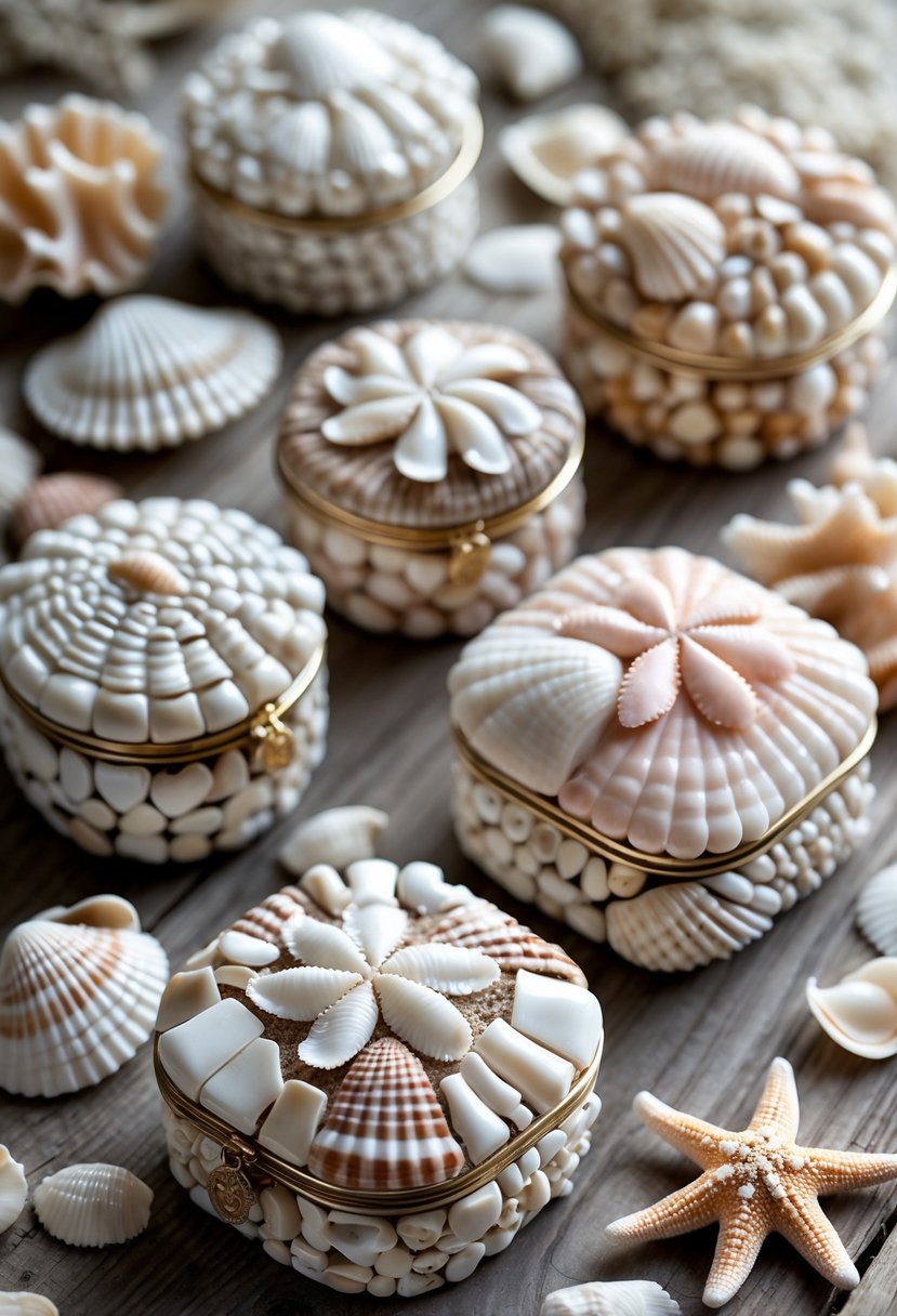 A group of jewelry boxes decorated with broken seashells arranged on a wooden surface with small starfish and coral pieces nearby.
