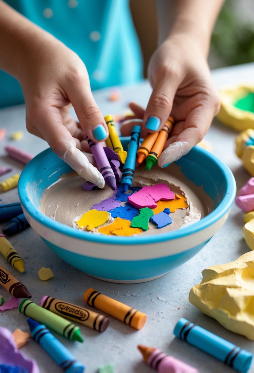 Hands mixing broken crayon pieces into homemade clay or plaster on a craft table with colorful crayons and tools nearby.