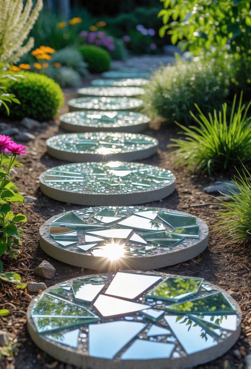 A garden pathway with stepping stones decorated with broken mirror pieces surrounded by green plants and flowers.