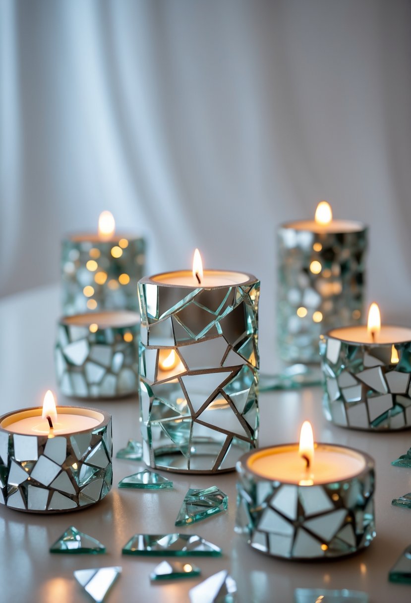A collection of candle holders made from broken mirror pieces with lit candles placed on a neutral surface.