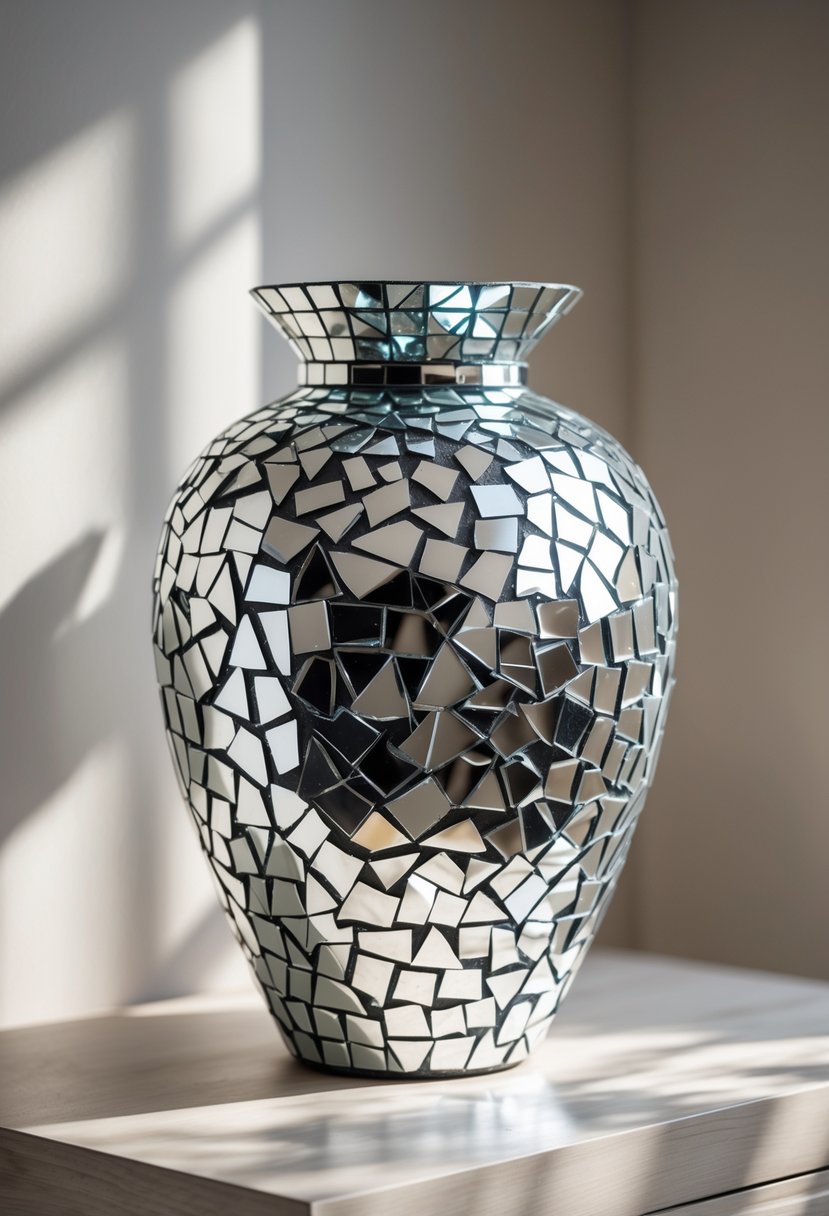 A vase covered in broken mirror pieces reflecting light, placed on a wooden surface with a blurred background.