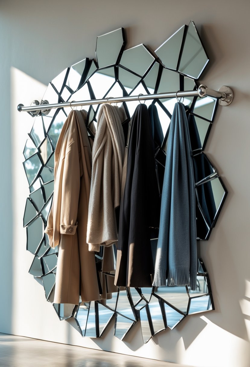 A coat rack made from broken mirror pieces mounted on a wall with coats and scarves hanging on it.