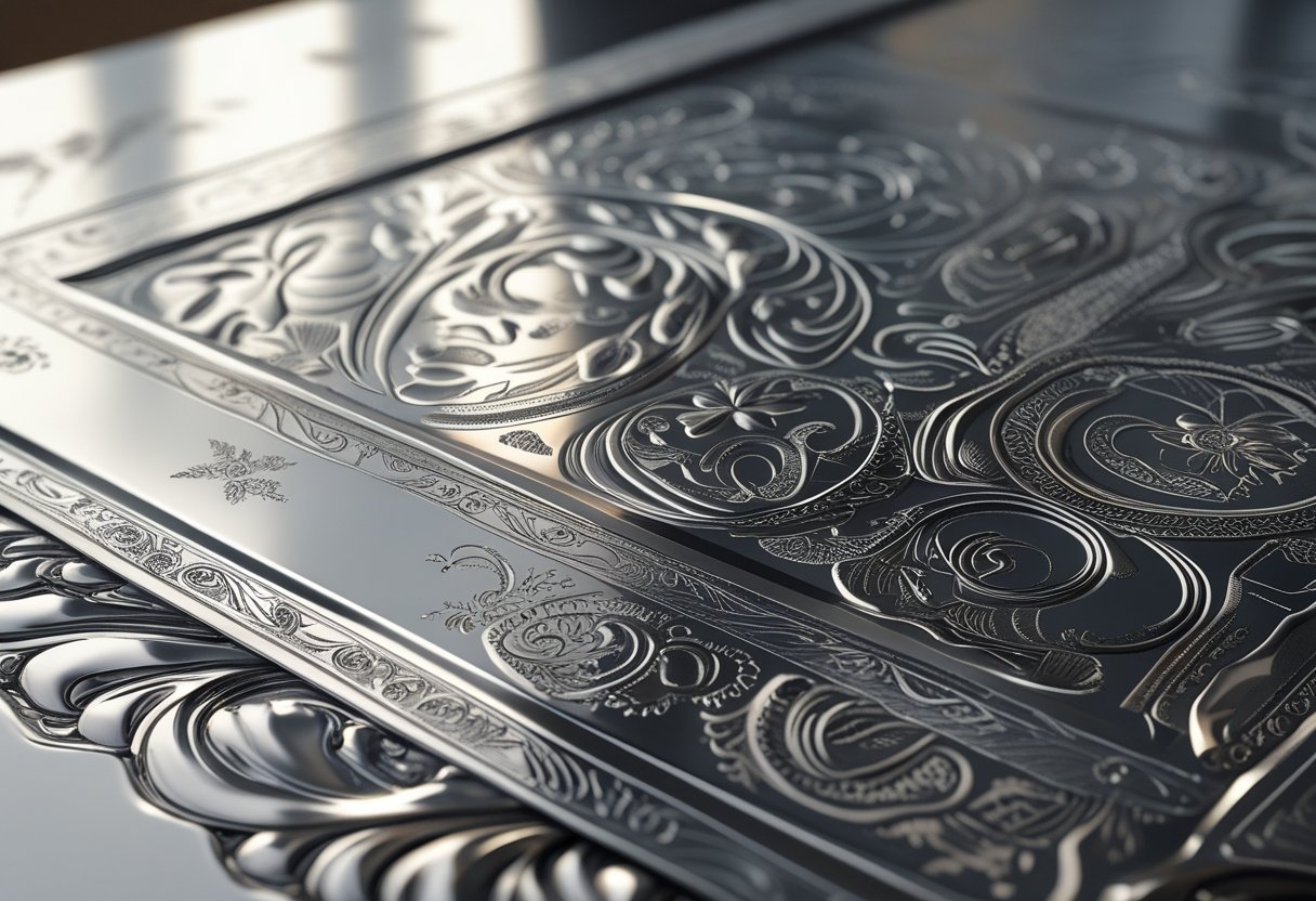 Close-up view of an intricately engraved metal surface with detailed floral and geometric patterns.