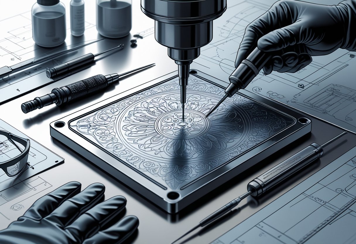 Close-up of a metal sheet being etched with detailed patterns, surrounded by etching tools and a laboratory workspace.