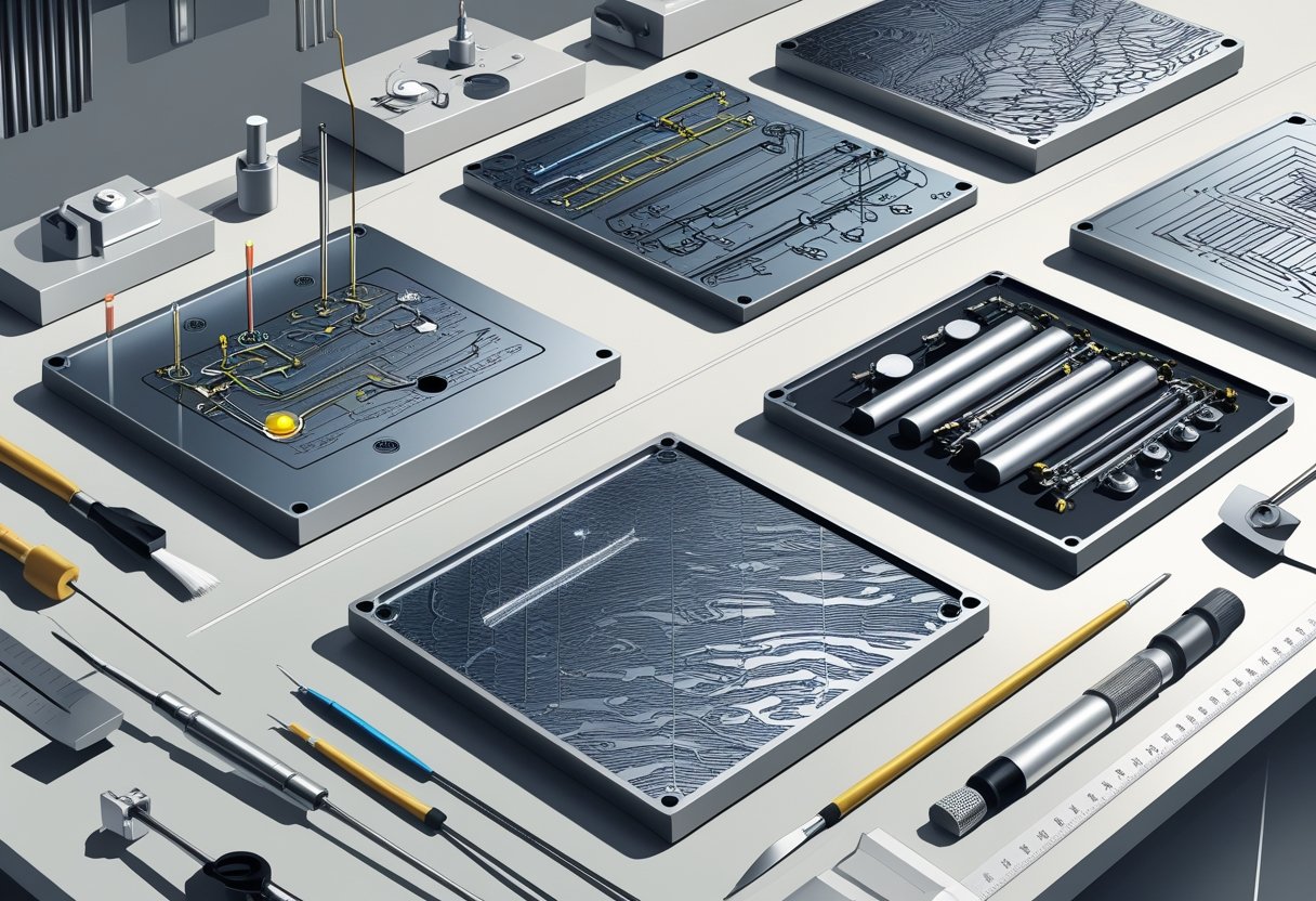 Several metal plates showing different metal etching techniques with tools and equipment on a clean surface.