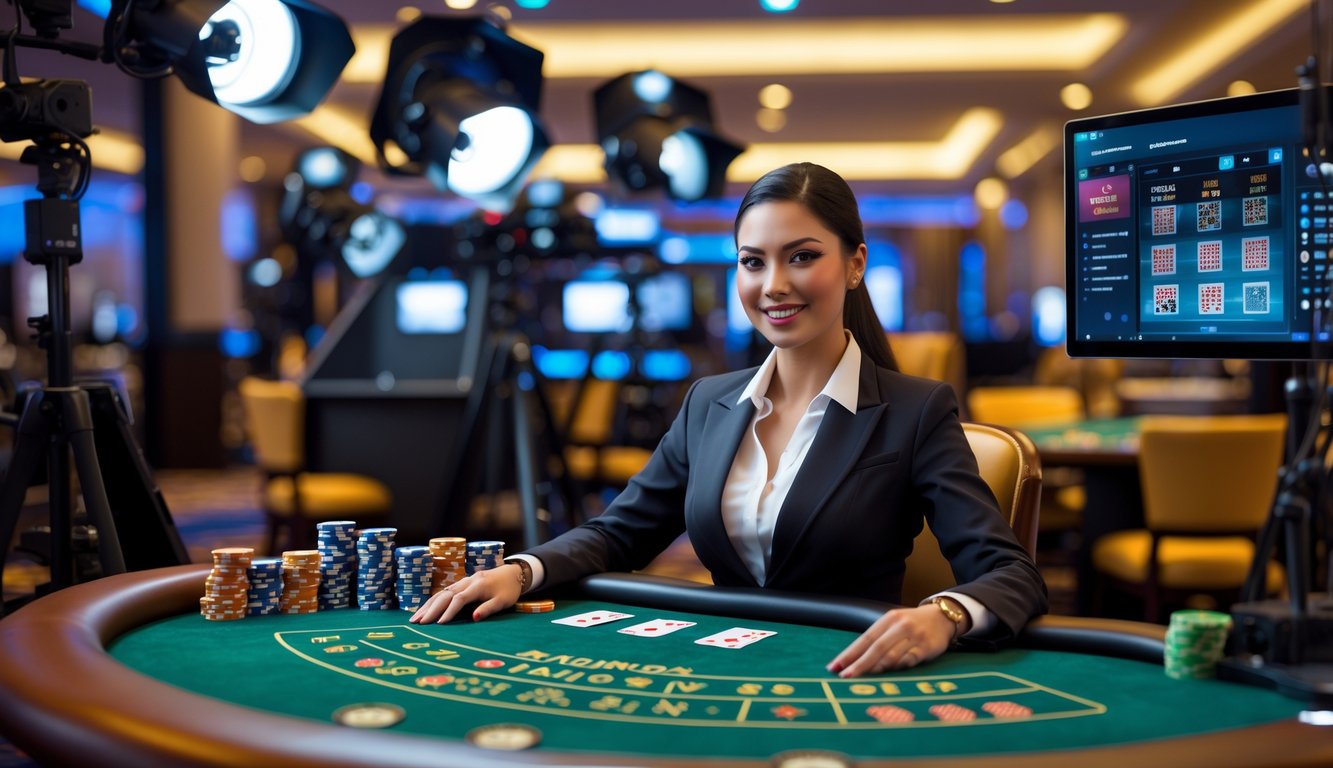 Seorang dealer wanita duduk di meja blackjack dengan kartu dan chip, di lingkungan kasino modern yang terang.