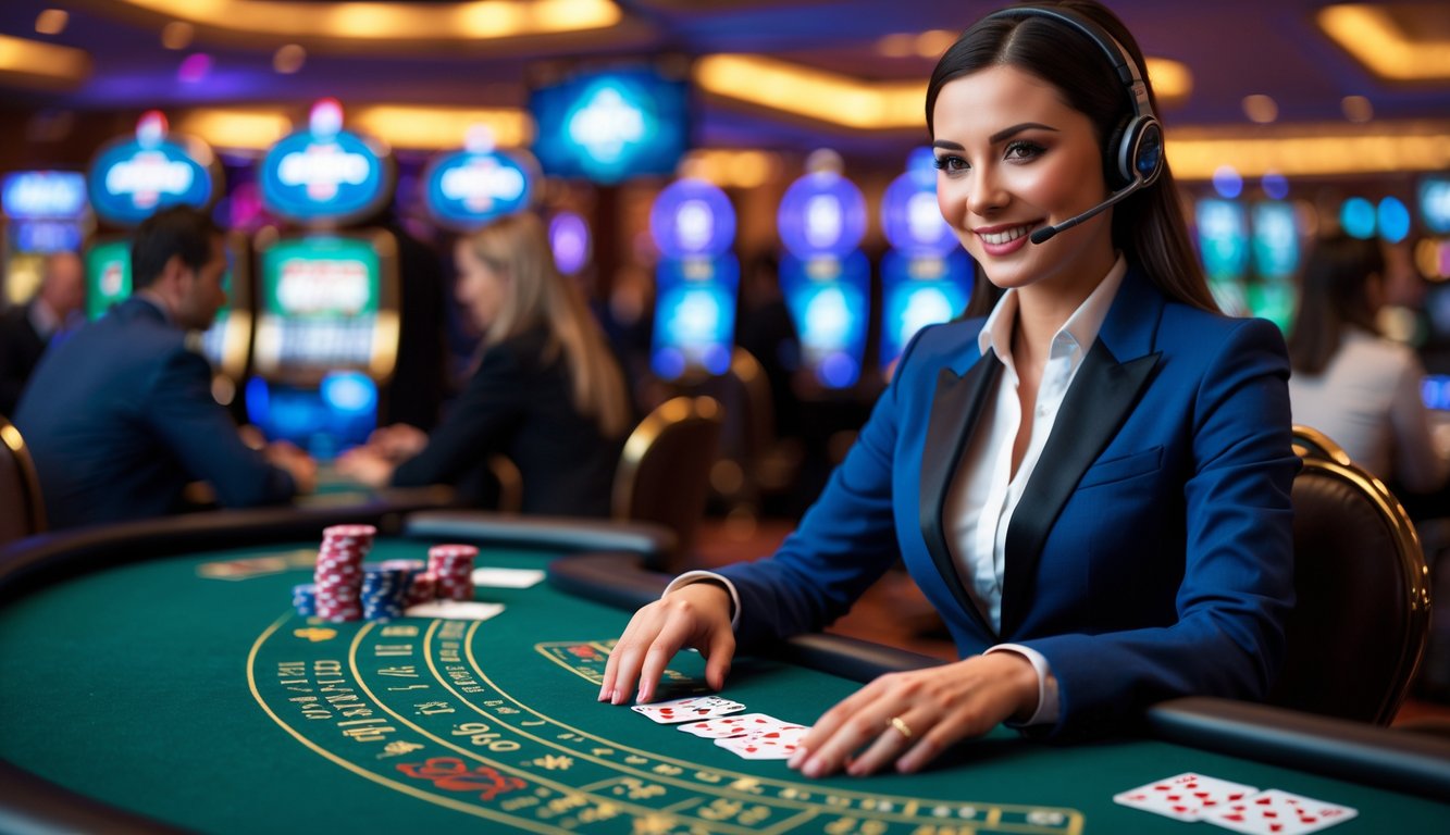 Seorang dealer wanita sedang membagikan kartu di meja blackjack dengan chip dan kartu bermain terlihat jelas.