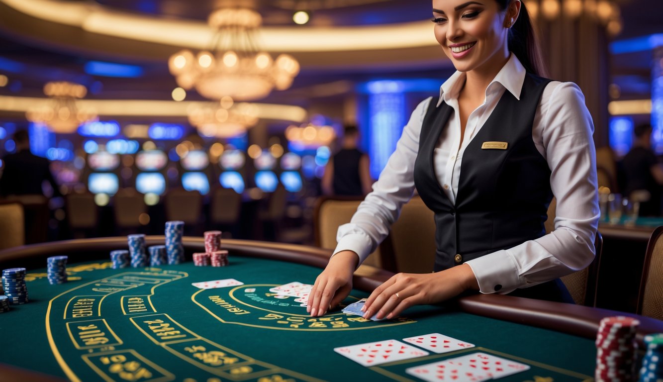 Seorang dealer wanita sedang membagikan kartu di meja blackjack dengan pemain di latar belakang di kasino.