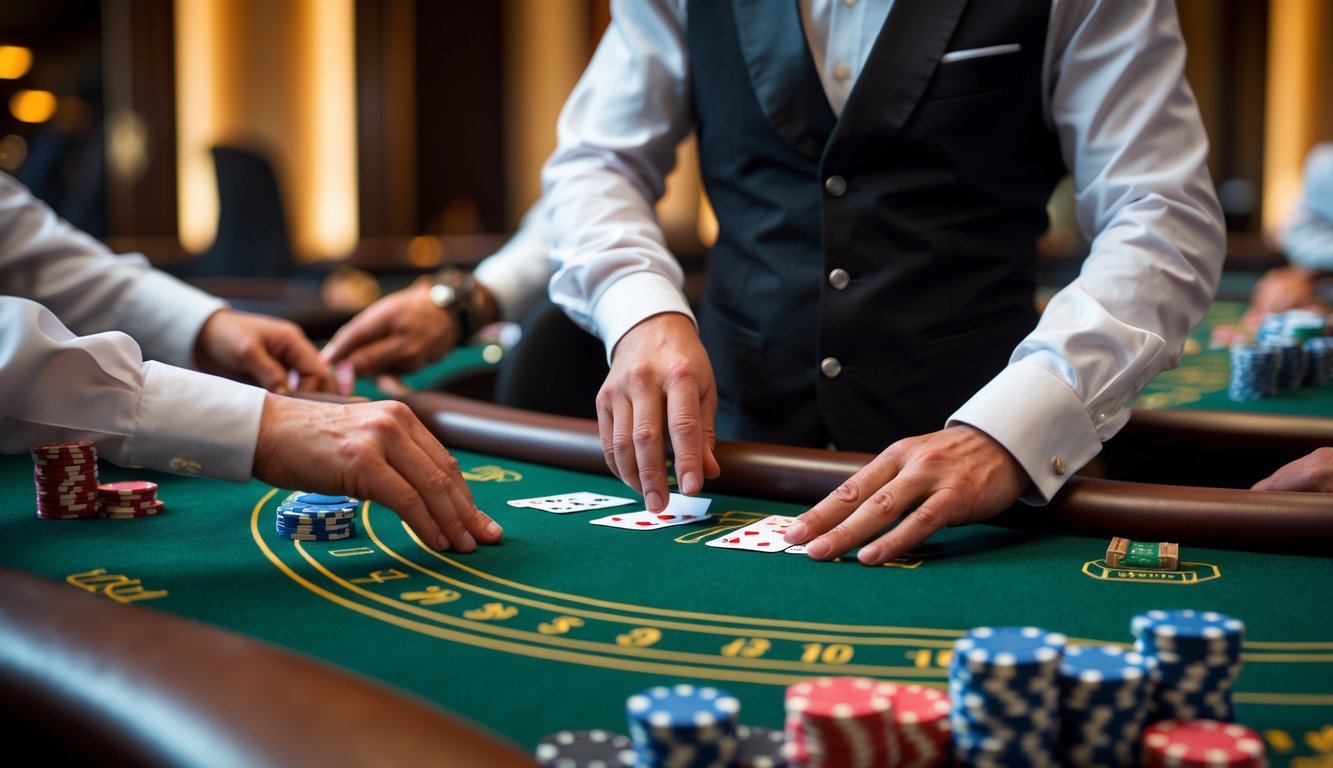 Seorang dealer blackjack profesional sedang membagikan kartu di meja hijau dengan pemain yang memasang taruhan di kasino mewah.