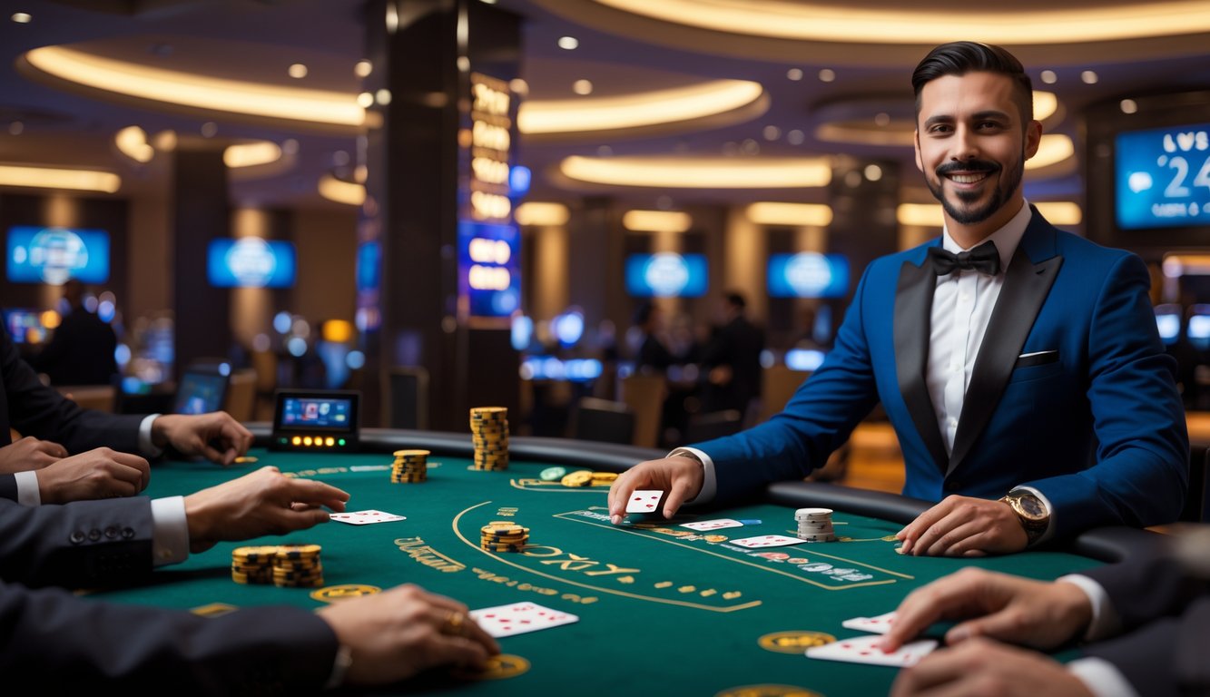 Seorang dealer profesional sedang membagikan kartu blackjack di meja hijau dengan suasana kasino yang terang dan modern.