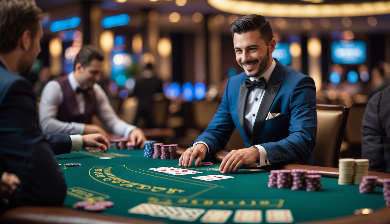 Seorang dealer profesional sedang membagikan kartu dalam permainan blackjack langsung di meja kasino.