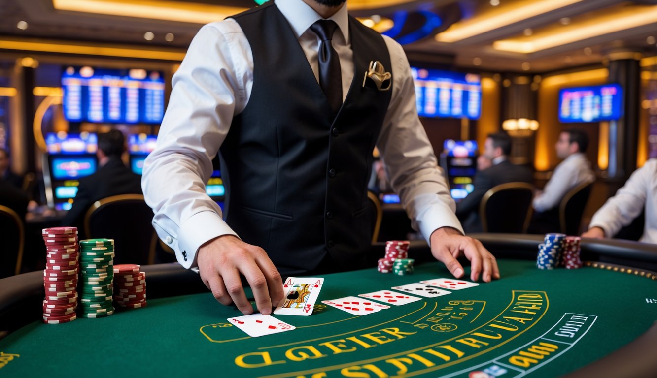 Seorang dealer profesional sedang membagikan kartu blackjack di meja hijau dengan beberapa pemain memperhatikan di kasino online.