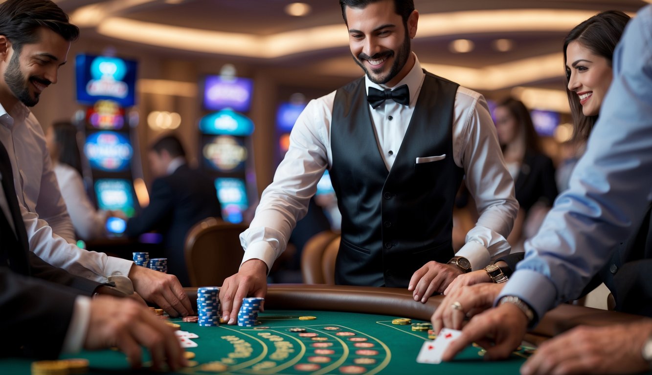 Seorang dealer blackjack yang profesional sedang membagikan kartu di meja hijau dengan beberapa pemain yang terlibat dalam permainan di kasino.