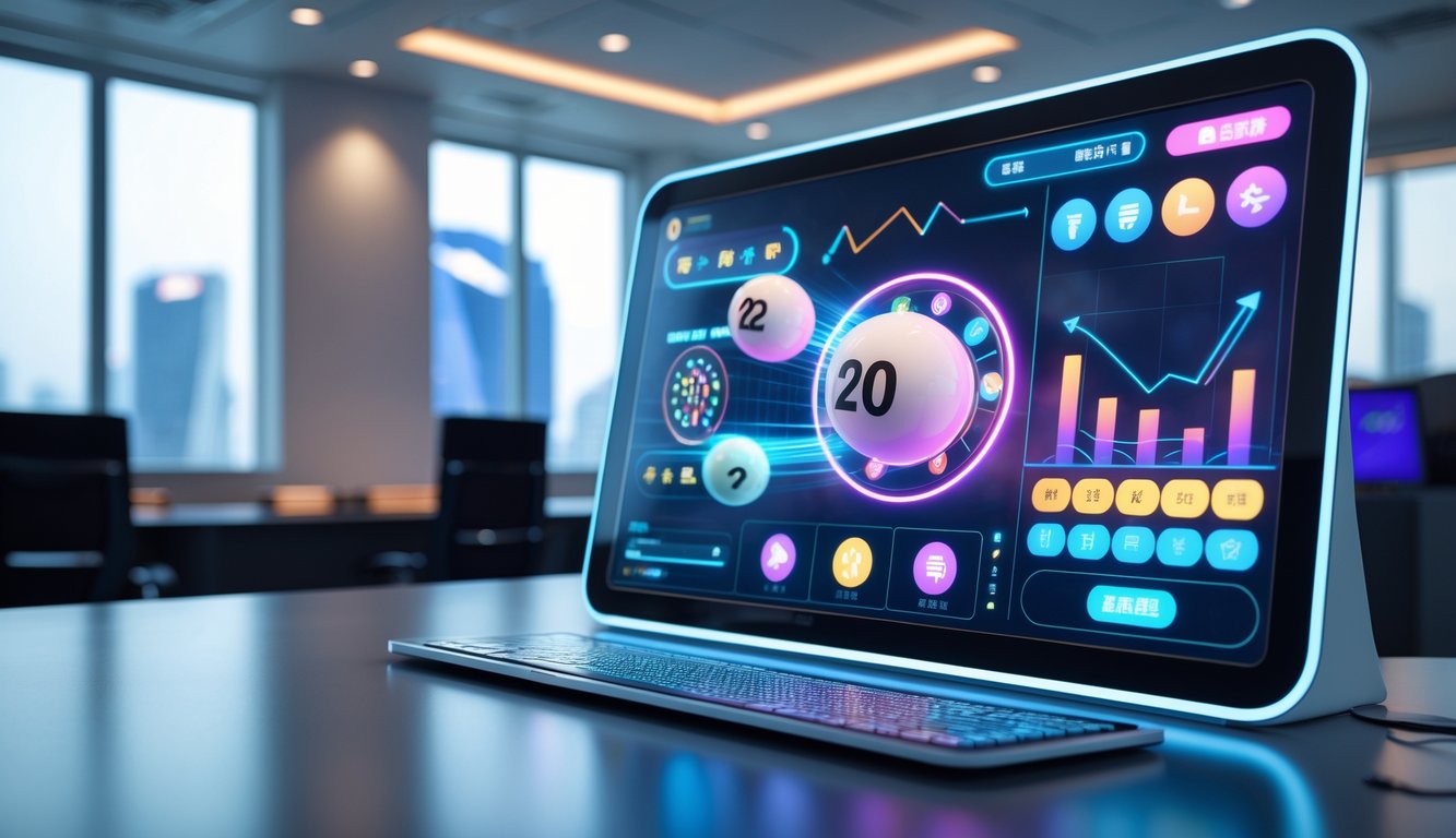 Antarmuka digital 3D modern untuk permainan lotere online dengan latar belakang kantor dan pemandangan kota Macau.