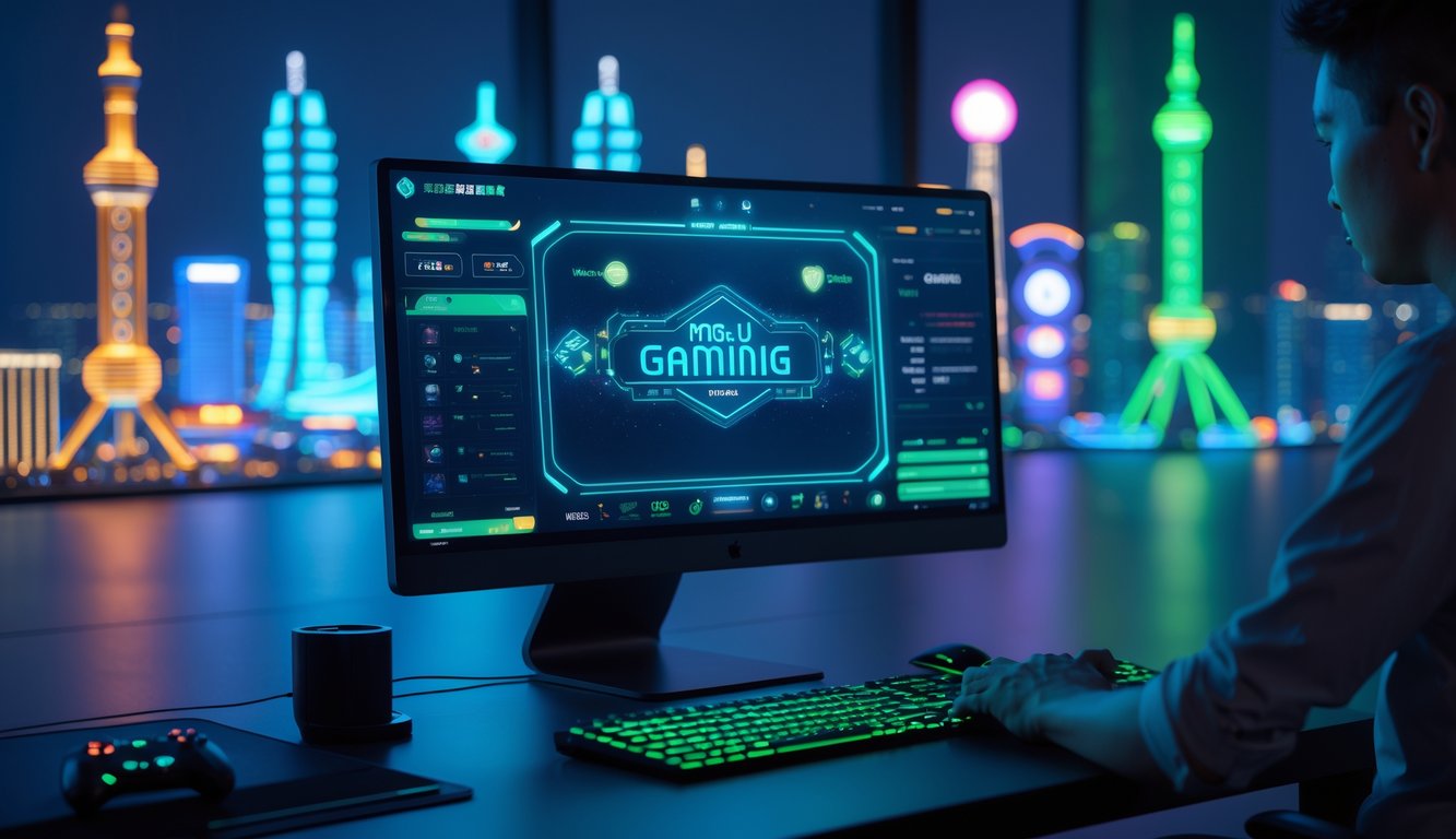 Seseorang menggunakan komputer dengan tampilan antarmuka permainan online bertema Macau dengan latar belakang landmark kota Macau.