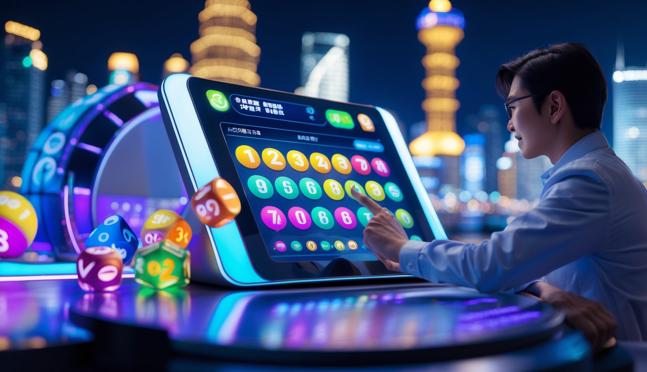 Seseorang menggunakan perangkat layar sentuh dengan latar belakang kota Macau yang diterangi lampu pada malam hari.