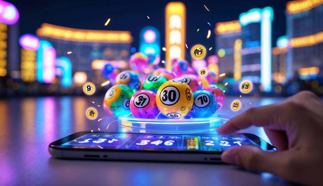 Seseorang berinteraksi dengan perangkat layar sentuh yang menampilkan bola lotre 3D berwarna-warni dan latar belakang kota Macau dengan lampu neon.