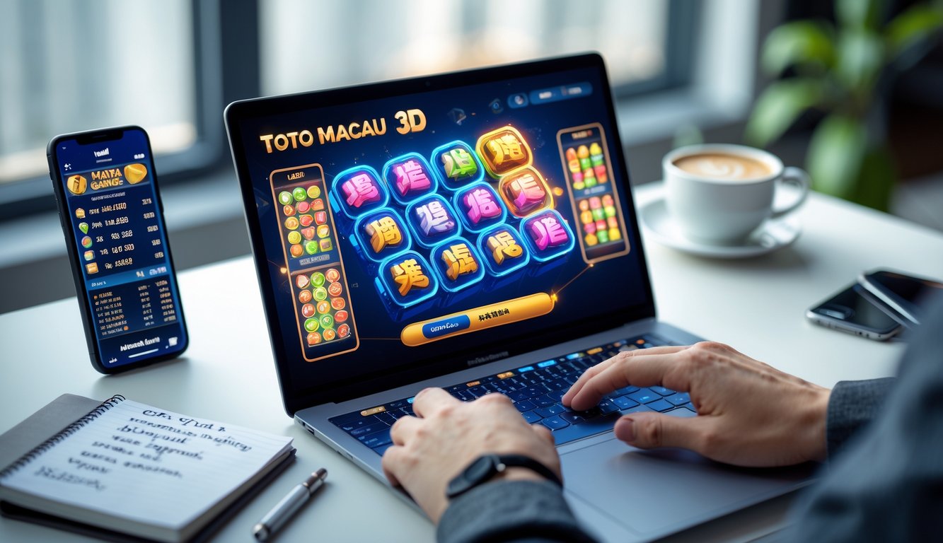 Seorang pemain menggunakan laptop dengan tampilan permainan lotere 3D Toto Macau di meja kerja yang rapi.