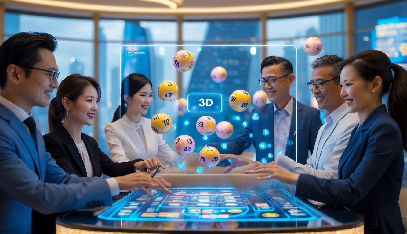 Orang-orang sedang menggunakan layar sentuh digital dengan bola lotere 3D di ruangan terang dengan pemandangan kota Macau di latar belakang.