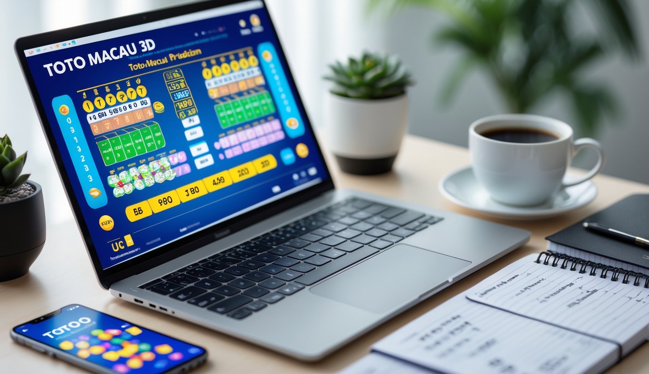 Meja kerja modern dengan laptop menampilkan antarmuka digital angka lotre dan grafik, ponsel dengan aplikasi lotre, cangkir kopi, dan buku catatan dengan catatan tangan.