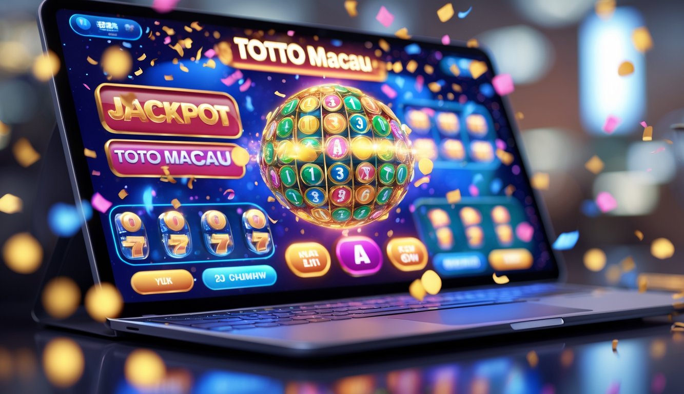 Layar perangkat digital menampilkan permainan jackpot 3D online dengan grafik warna-warni dan efek perayaan.