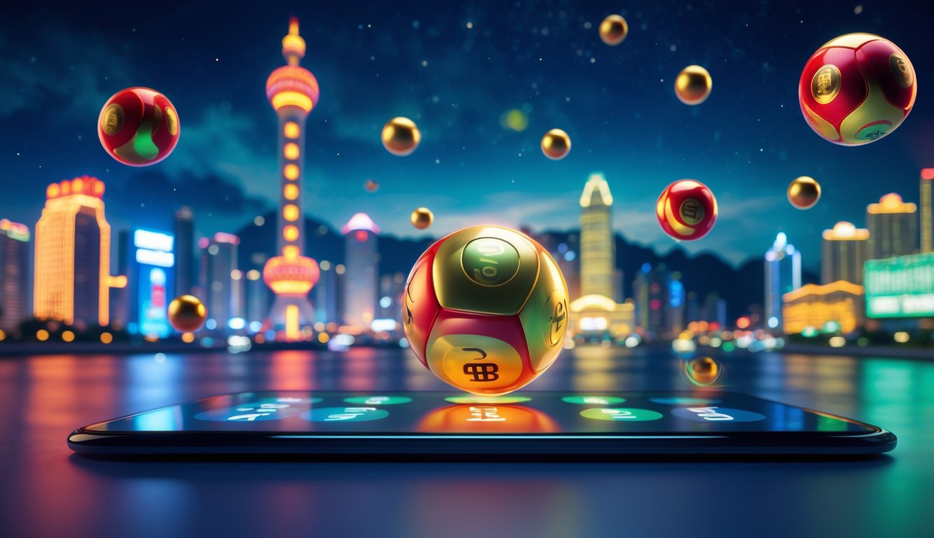 Antarmuka digital modern dengan bola lotere 3D mengambang dan latar belakang cakrawala kota Macau yang diterangi lampu malam.