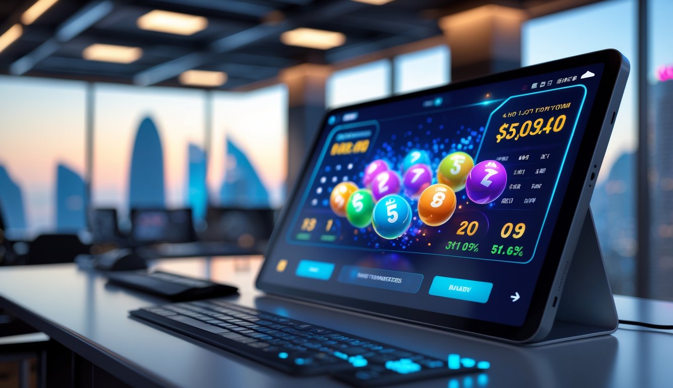 Sebuah layar komputer menampilkan bola lotere 3D berwarna-warni dan grafik di lingkungan kantor modern dengan pemandangan kota di latar belakang.