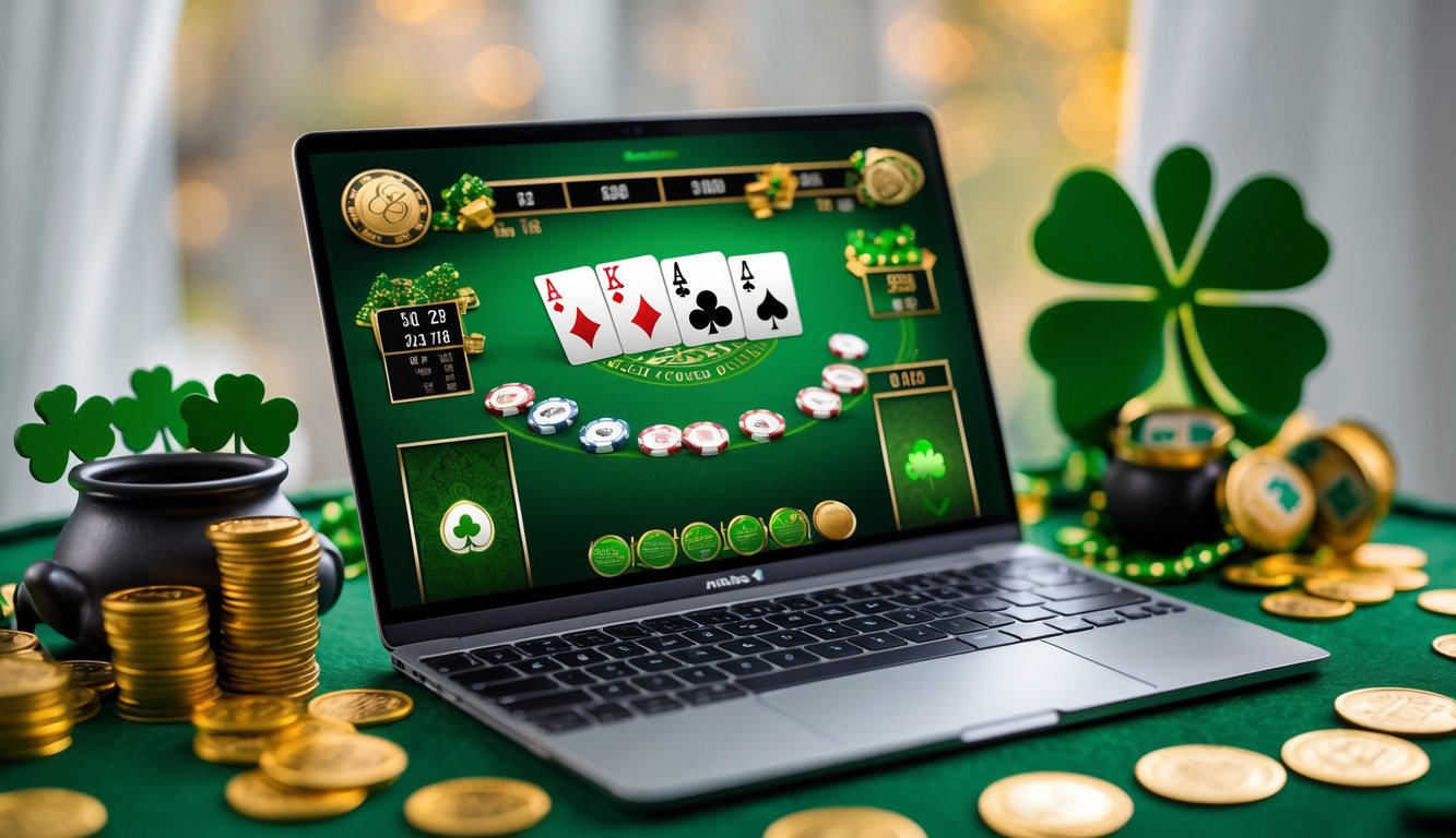 Seorang pemain menggunakan laptop untuk bermain poker online dengan tema Irlandia, di atas meja hijau dengan dekorasi daun semanggi dan koin emas.