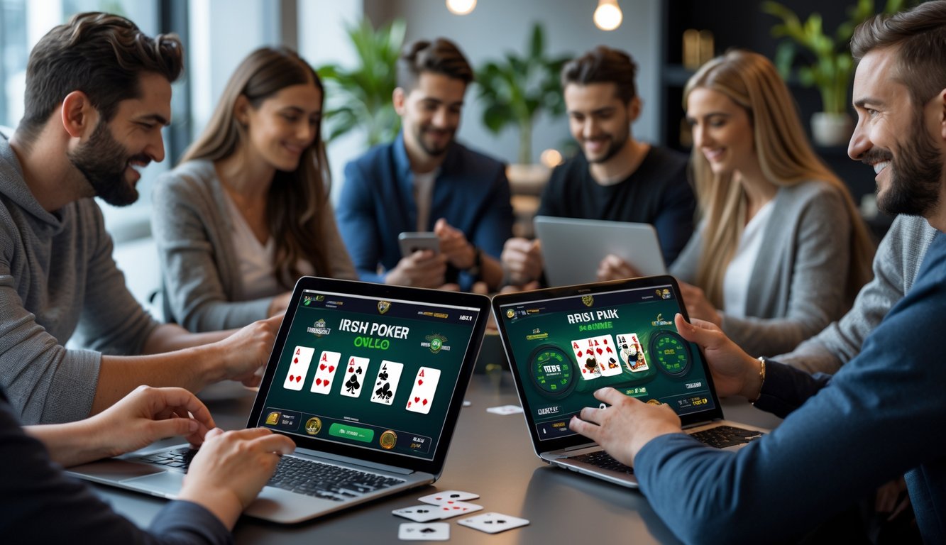 Sekelompok orang bermain Irish Poker online menggunakan laptop dan tablet di meja dengan suasana nyaman dan pencahayaan alami.