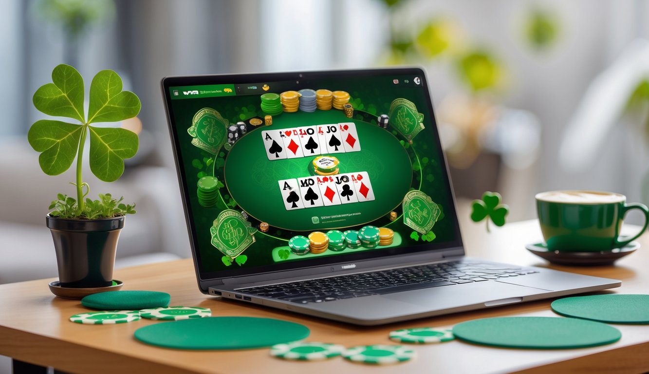 Seseorang bermain poker online di depan laptop dengan dekorasi bertema Irlandia di meja kerja.