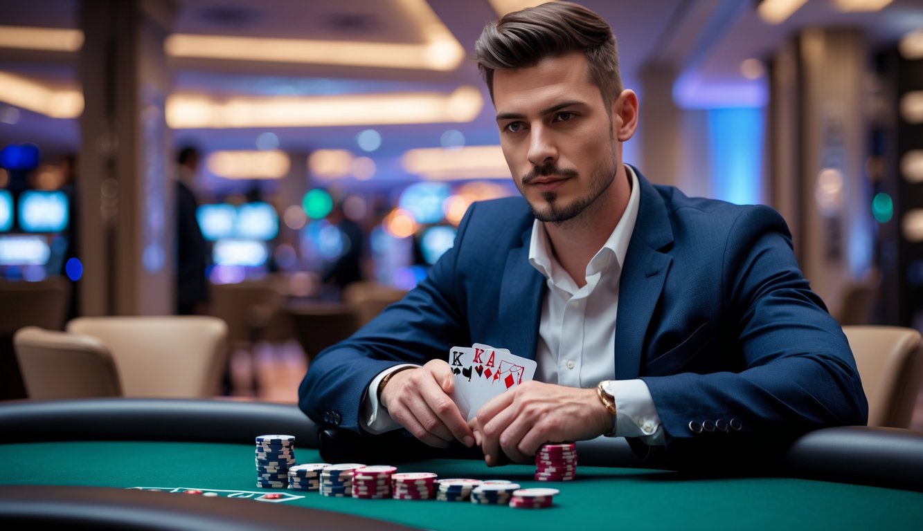 Seorang pria duduk di meja poker dengan kartu dan tumpukan chip, terlihat fokus dan serius bermain poker.