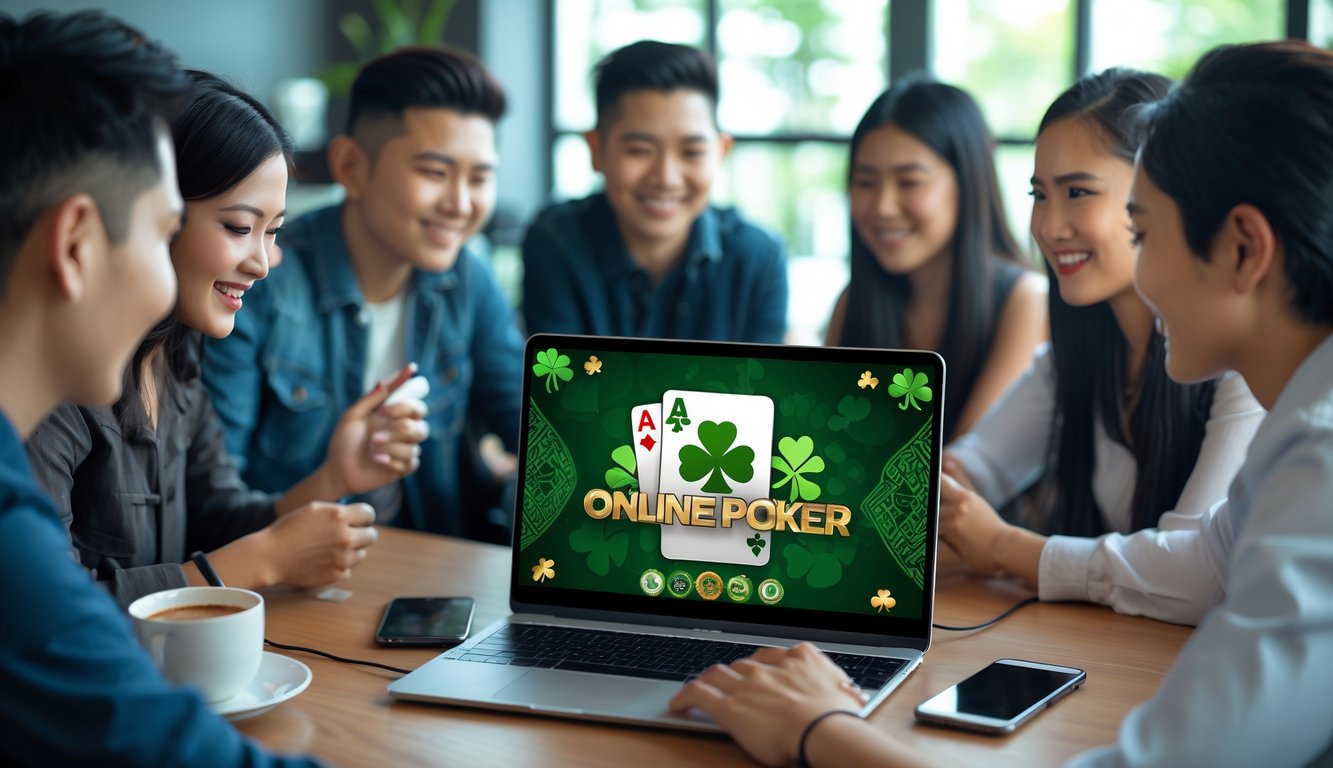 Sekelompok orang sedang bermain poker online dengan tema Irlandia menggunakan laptop di sebuah ruang kerja modern.