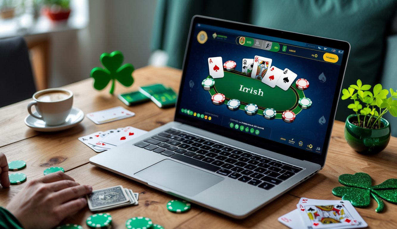 Seseorang sedang bermain poker online di depan laptop dengan kartu dan chip poker di atas meja, ada tanaman shamrock kecil di latar belakang.
