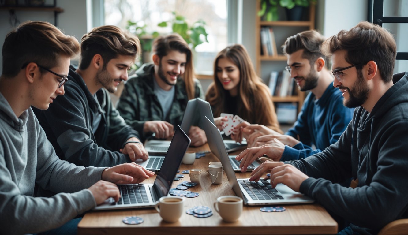 Sekelompok orang muda bermain poker online dengan laptop dan ponsel di meja kecil di dalam ruangan yang nyaman.
