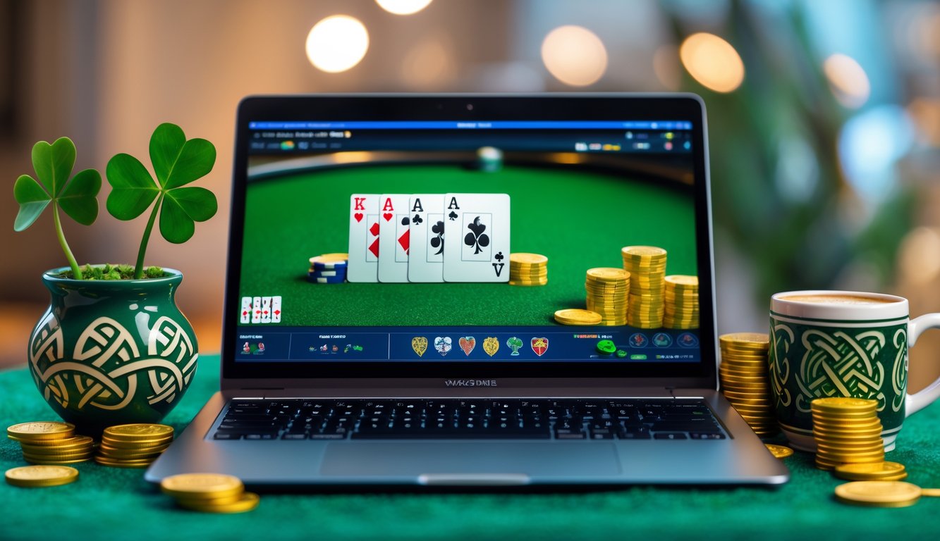 Seorang pemain poker online menggunakan laptop dengan latar belakang elemen bertema Irlandia seperti tanaman shamrock dan chip poker emas.