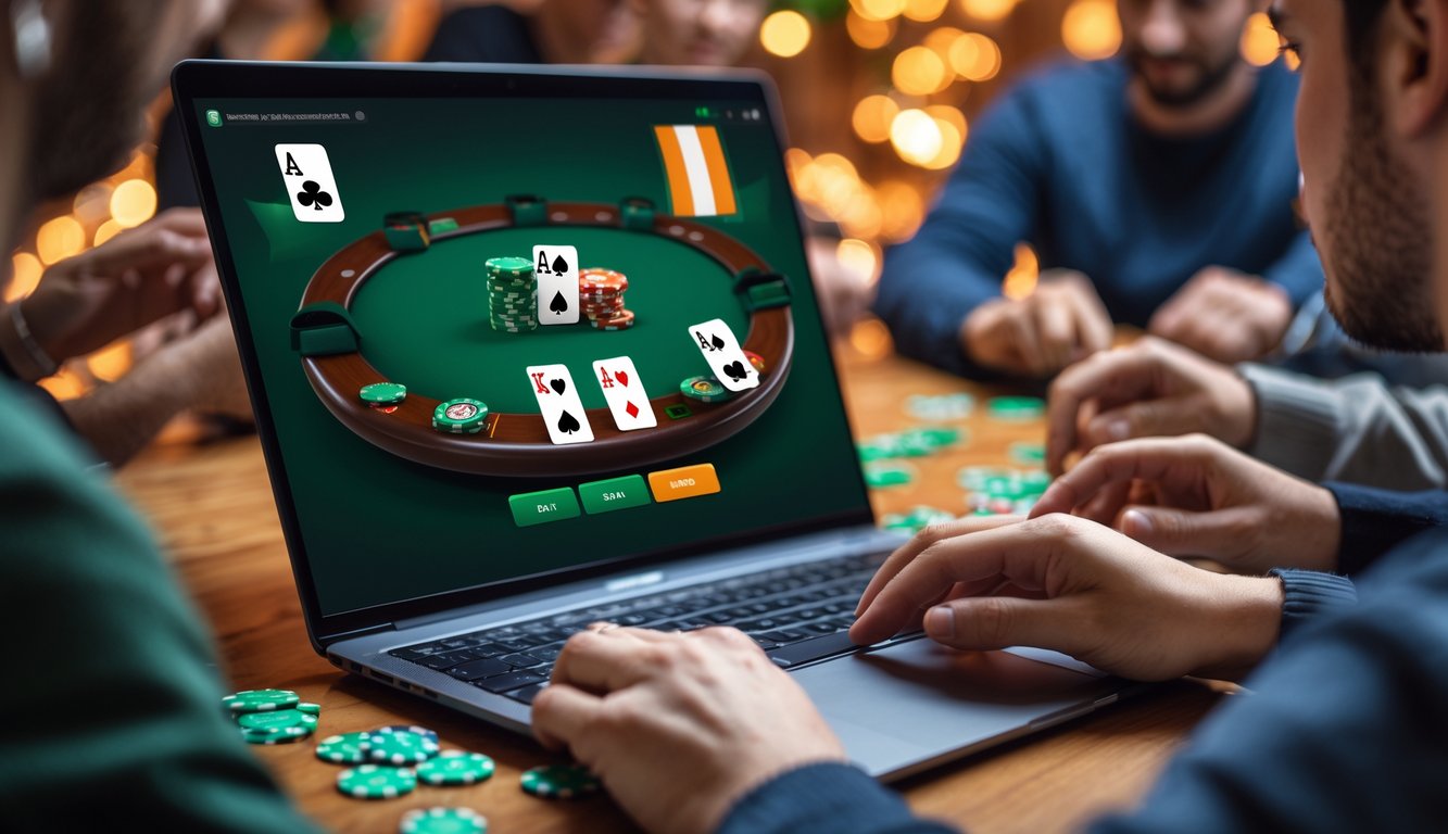Tampilan layar komputer dengan permainan poker online bertema Irlandia, menampilkan kartu dan chip poker dengan latar belakang dekorasi shamrock dan bendera Irlandia.