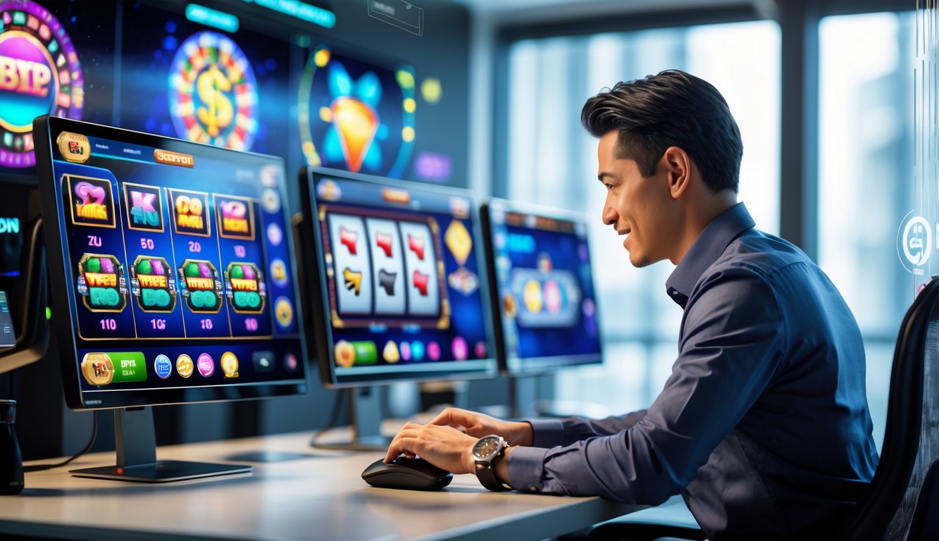 Seorang individu dewasa sedang menggunakan komputer dengan tampilan permainan kasino online di layar dalam lingkungan kerja yang modern dan terorganisir.